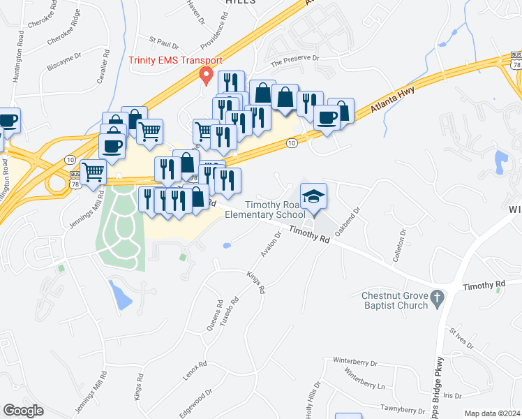 map of restaurants, bars, coffee shops, grocery stores, and more near 135 Idlewilde Drive in Athens