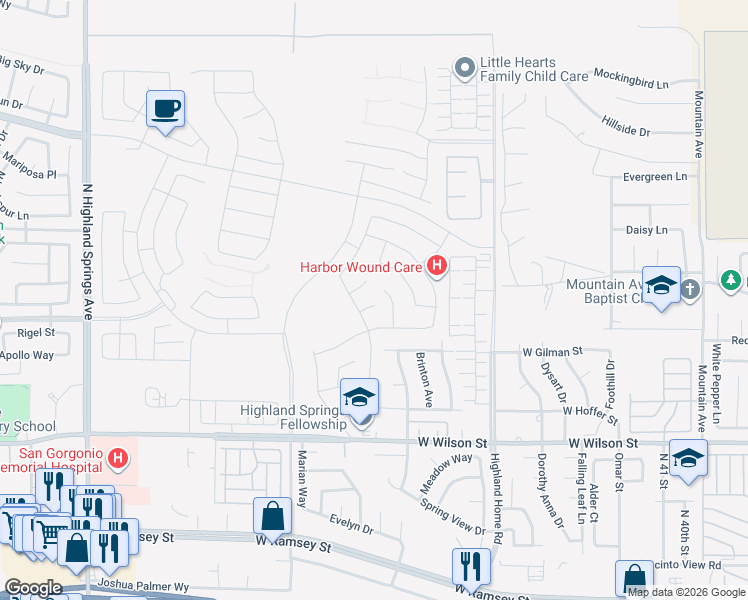 map of restaurants, bars, coffee shops, grocery stores, and more near 5275 Verbena Circle in Banning