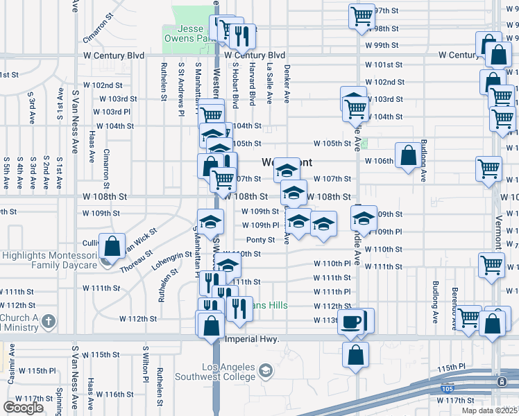 map of restaurants, bars, coffee shops, grocery stores, and more near 1649 West 109th Street in Los Angeles