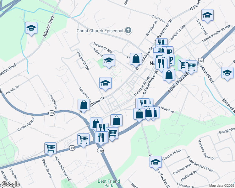map of restaurants, bars, coffee shops, grocery stores, and more near 500 Thrasher Street Northwest in Norcross