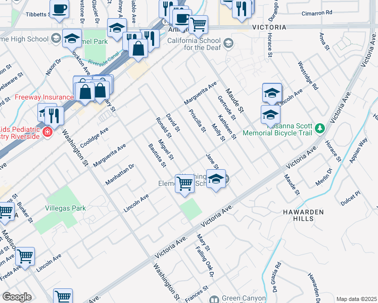 map of restaurants, bars, coffee shops, grocery stores, and more near 2944 David Street in Riverside