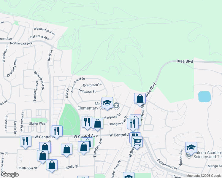 map of restaurants, bars, coffee shops, grocery stores, and more near 1380 Ponderosa Avenue in Brea