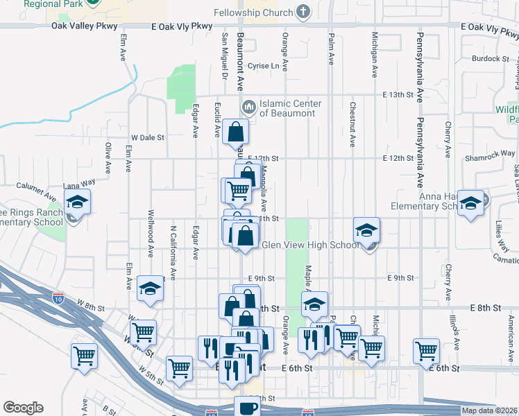 map of restaurants, bars, coffee shops, grocery stores, and more near 1113 Magnolia Avenue in Beaumont