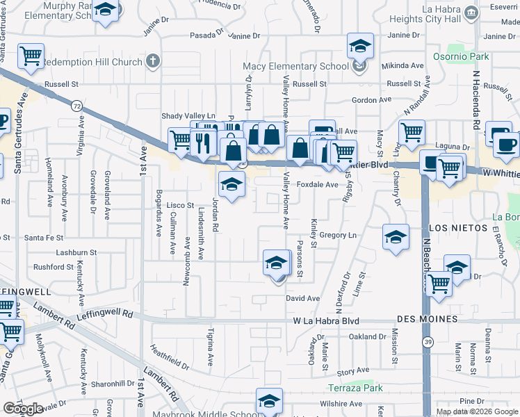 map of restaurants, bars, coffee shops, grocery stores, and more near 16533 Windsor Avenue in Whittier