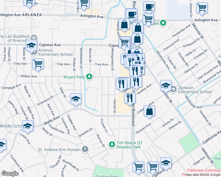 map of restaurants, bars, coffee shops, grocery stores, and more near 5623 Montgomery Street in Riverside