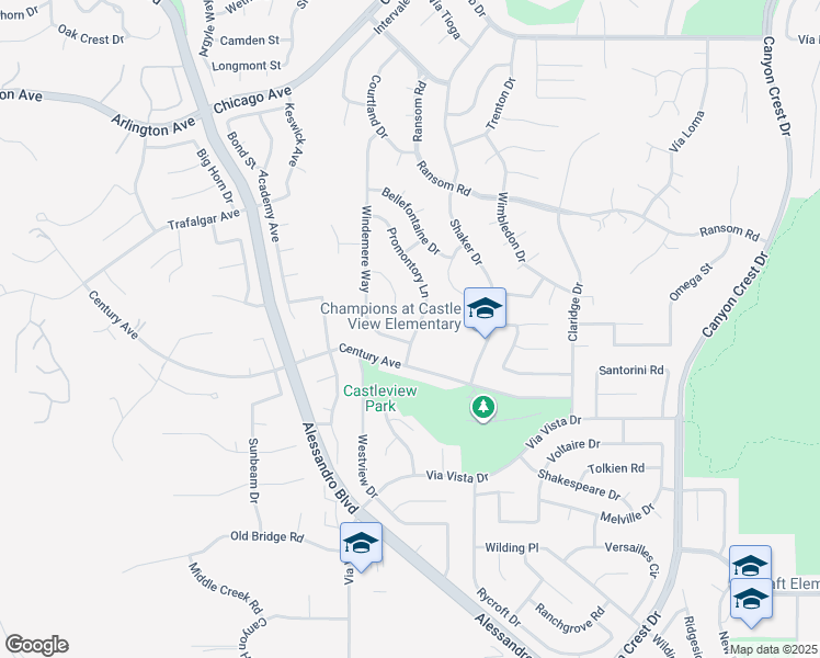 map of restaurants, bars, coffee shops, grocery stores, and more near 6225 Promontory Lane in Riverside