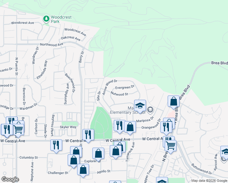 map of restaurants, bars, coffee shops, grocery stores, and more near 395 Nutwood Street in Brea