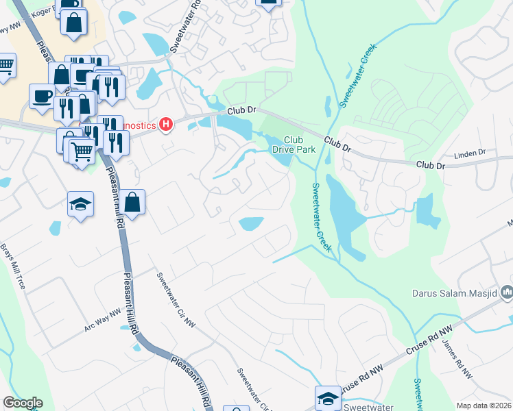 map of restaurants, bars, coffee shops, grocery stores, and more near 3419 Timbercreek Drive Northwest in Lawrenceville