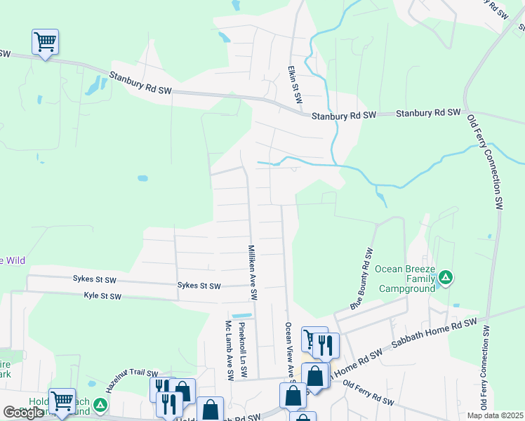 map of restaurants, bars, coffee shops, grocery stores, and more near 1175 Sea Way Street Southwest in Brunswick County