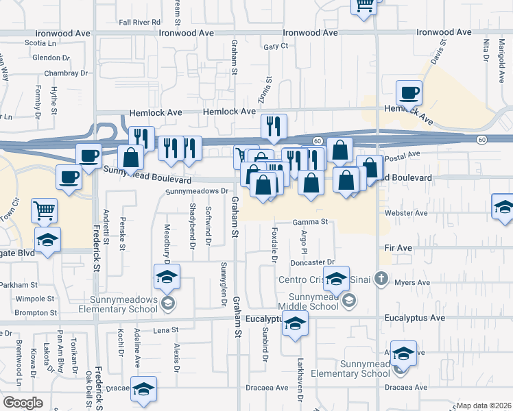 map of restaurants, bars, coffee shops, grocery stores, and more near 23607 Sunnymead Boulevard in Moreno Valley