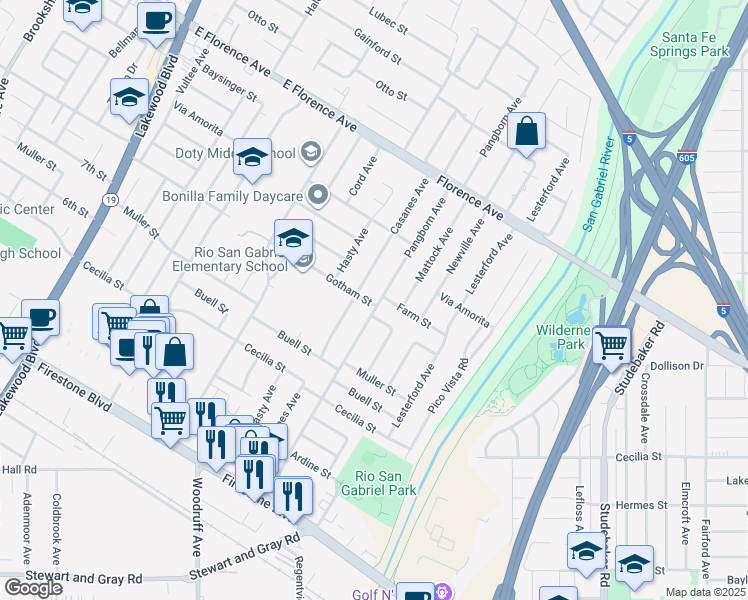 map of restaurants, bars, coffee shops, grocery stores, and more near 9457 Gotham Street in Downey