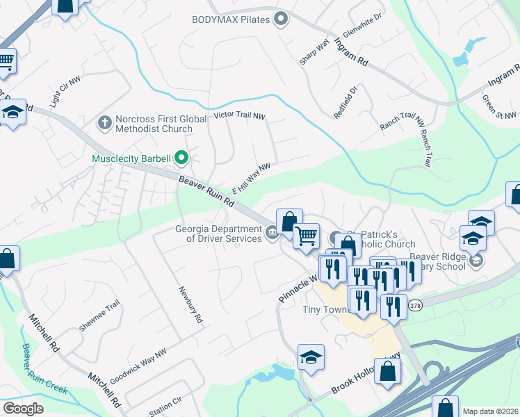 map of restaurants, bars, coffee shops, grocery stores, and more near 5197 Falconwood Court Northwest in Norcross