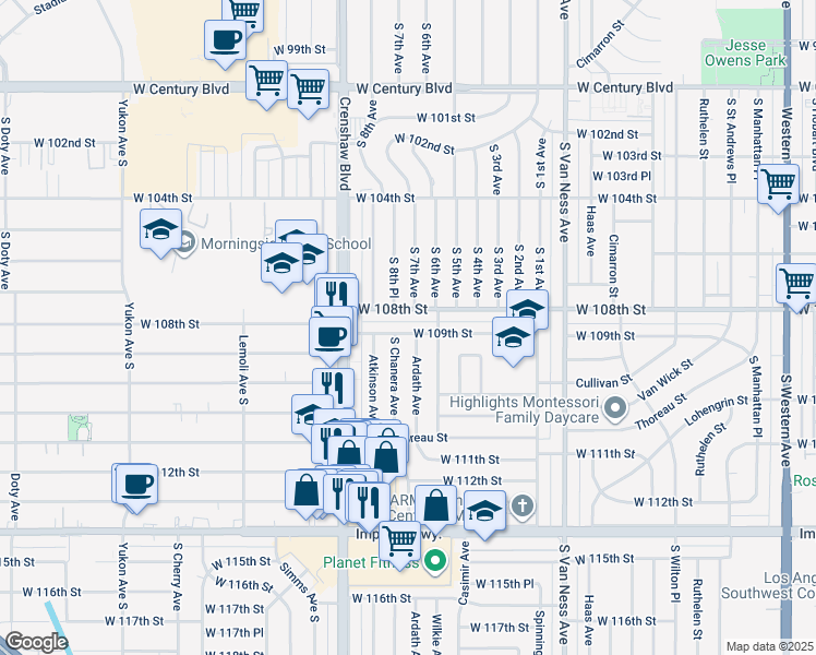 map of restaurants, bars, coffee shops, grocery stores, and more near 2709 West 109th Street in Inglewood