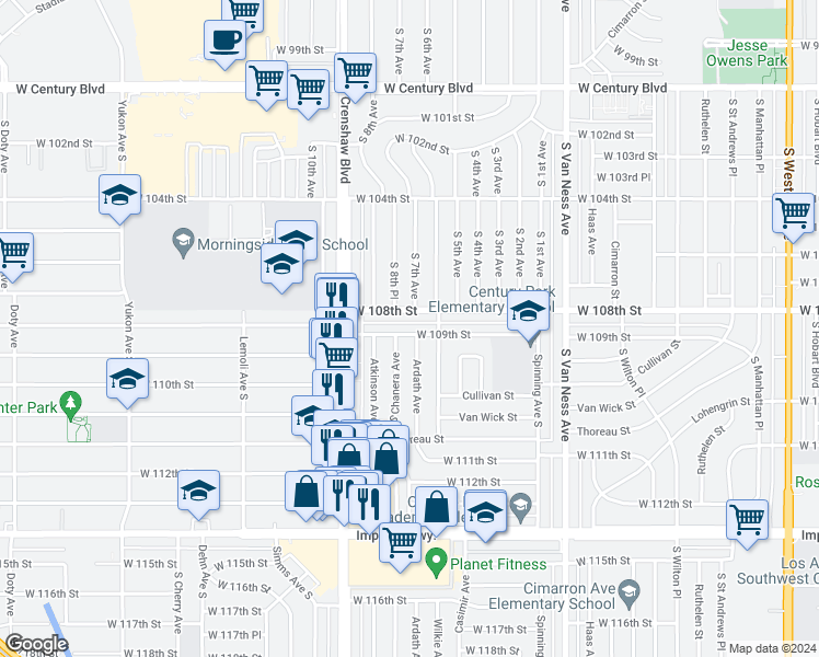 map of restaurants, bars, coffee shops, grocery stores, and more near 2709 West 109th Street in Inglewood