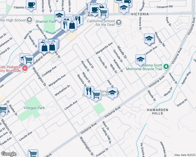 map of restaurants, bars, coffee shops, grocery stores, and more near 2944 David Street in Riverside
