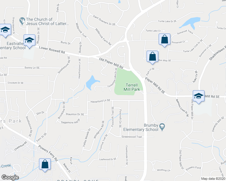 map of restaurants, bars, coffee shops, grocery stores, and more near 595 Timberlea Lake Trace Southeast in Marietta