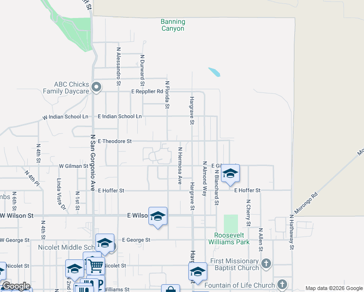 map of restaurants, bars, coffee shops, grocery stores, and more near 1354 North Hermosa Avenue in Banning