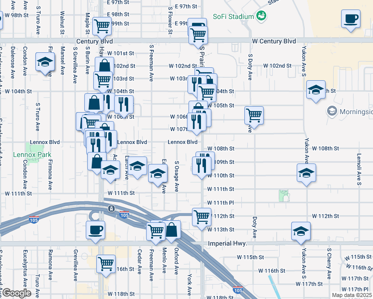 map of restaurants, bars, coffee shops, grocery stores, and more near 10817 S Prairie Ave in Inglewood