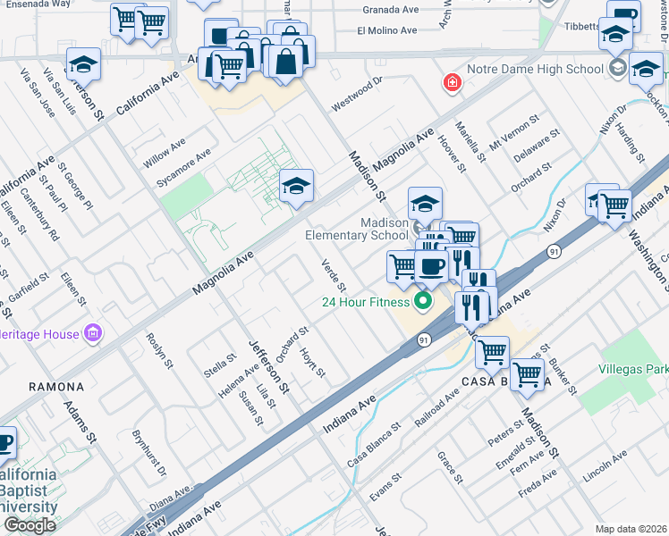 map of restaurants, bars, coffee shops, grocery stores, and more near 3675 Verde Street in Riverside