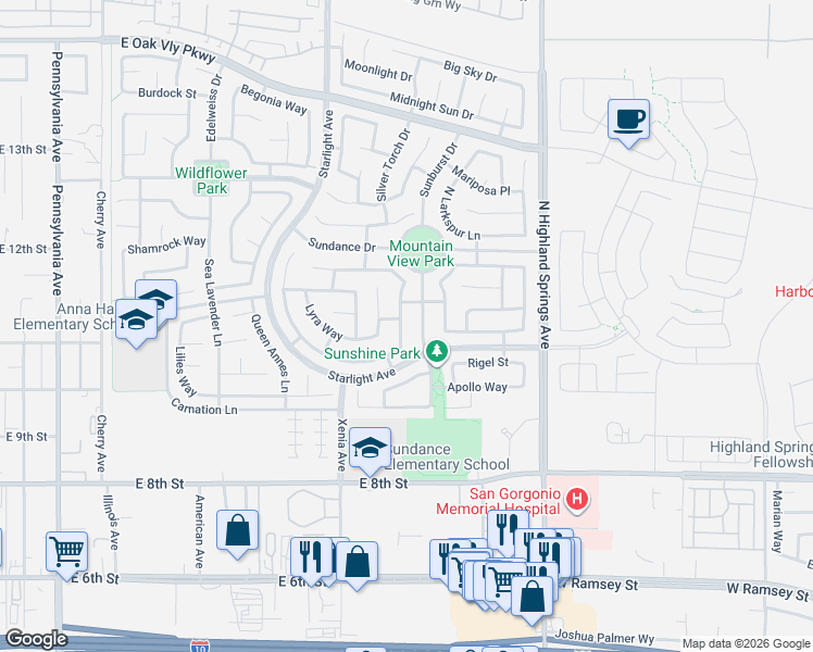 map of restaurants, bars, coffee shops, grocery stores, and more near 1039 Sunburst Drive in Beaumont