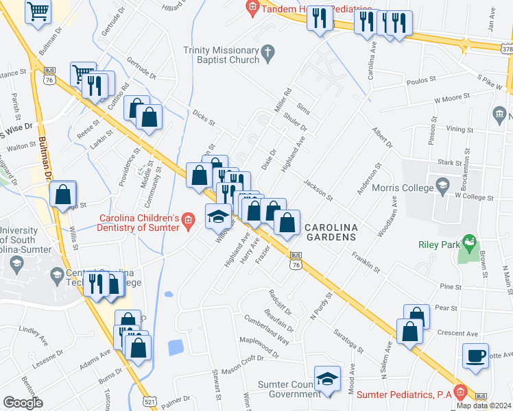 map of restaurants, bars, coffee shops, grocery stores, and more near 116 Highland Avenue in Sumter