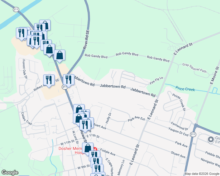 map of restaurants, bars, coffee shops, grocery stores, and more near 559 Jabbertown Road in Southport