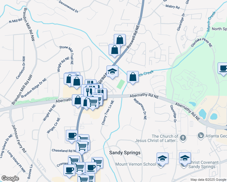map of restaurants, bars, coffee shops, grocery stores, and more near 147 Alderwood Hill Northeast in Sandy Springs