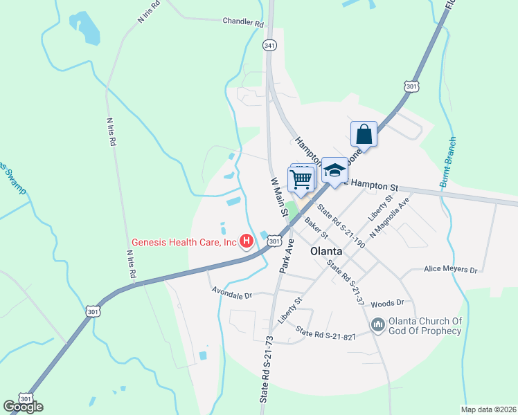 map of restaurants, bars, coffee shops, grocery stores, and more near 129 West Main Street in Olanta