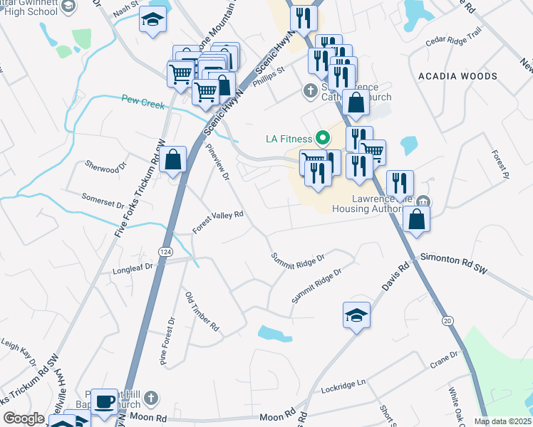 map of restaurants, bars, coffee shops, grocery stores, and more near 447 Stokesay Drive in Lawrenceville