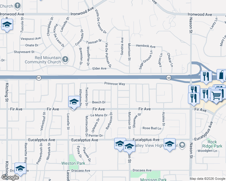 map of restaurants, bars, coffee shops, grocery stores, and more near 12602 Barbazon Drive in Moreno Valley