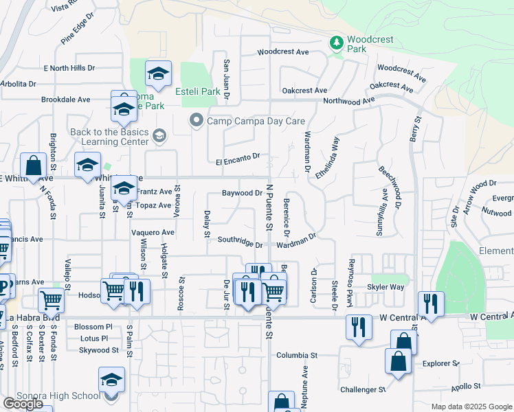 map of restaurants, bars, coffee shops, grocery stores, and more near 1156 Wickford Drive in Brea