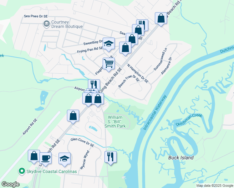 map of restaurants, bars, coffee shops, grocery stores, and more near 4816 Beech Tree Drive Southeast in Southport