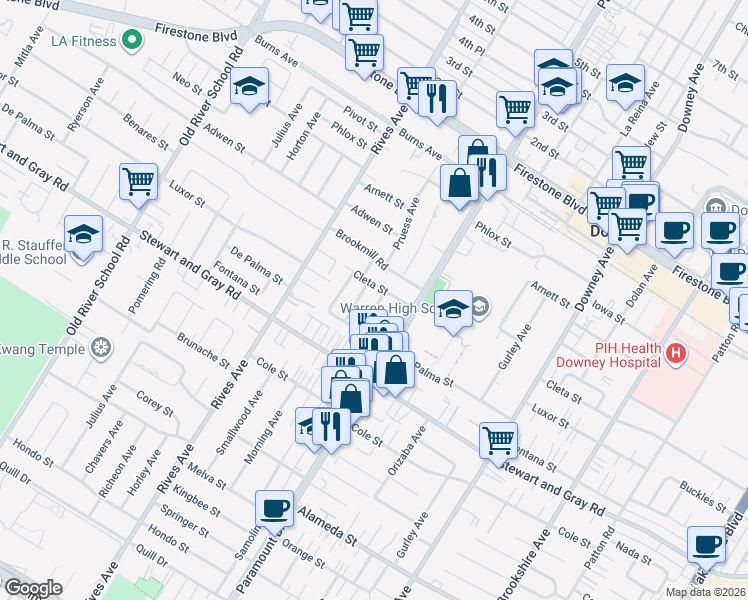 map of restaurants, bars, coffee shops, grocery stores, and more near 11715 Samoline Avenue in Downey