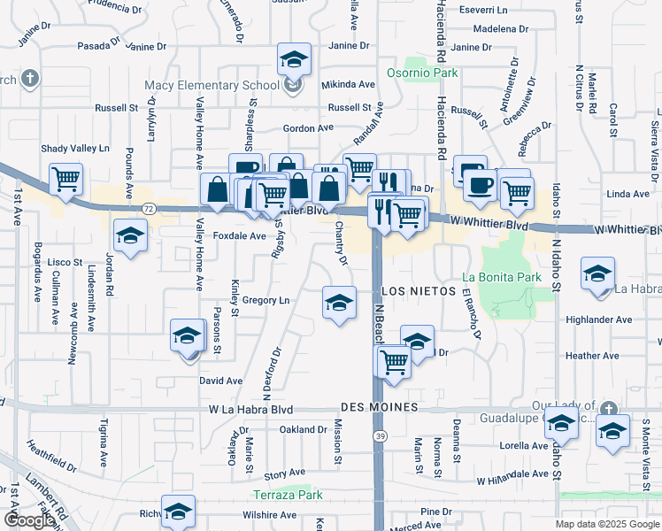 map of restaurants, bars, coffee shops, grocery stores, and more near 661 Mardina Way in La Habra