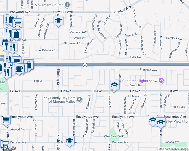map of restaurants, bars, coffee shops, grocery stores, and more near 12584 Broadleaf Lane in Moreno Valley