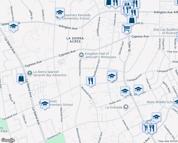map of restaurants, bars, coffee shops, grocery stores, and more near 10546 Robinson Avenue in Riverside