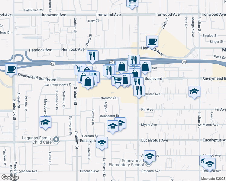 map of restaurants, bars, coffee shops, grocery stores, and more near 23819 Sunnymead Boulevard in Moreno Valley