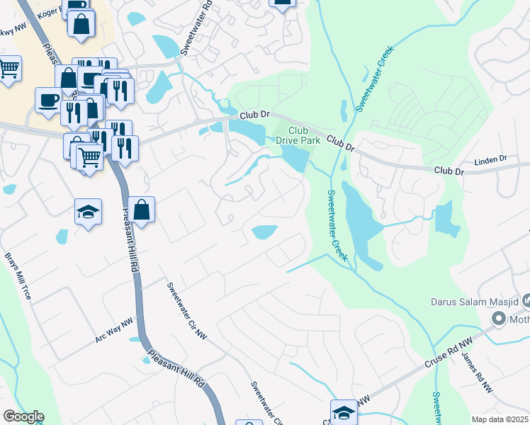 map of restaurants, bars, coffee shops, grocery stores, and more near 3429 Timbercreek Drive in Lawrenceville