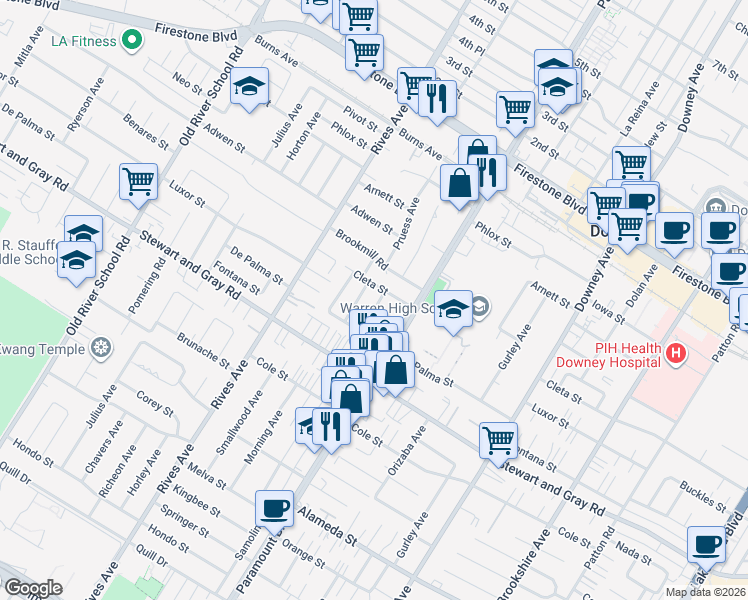 map of restaurants, bars, coffee shops, grocery stores, and more near 11715 Samoline Avenue in Downey