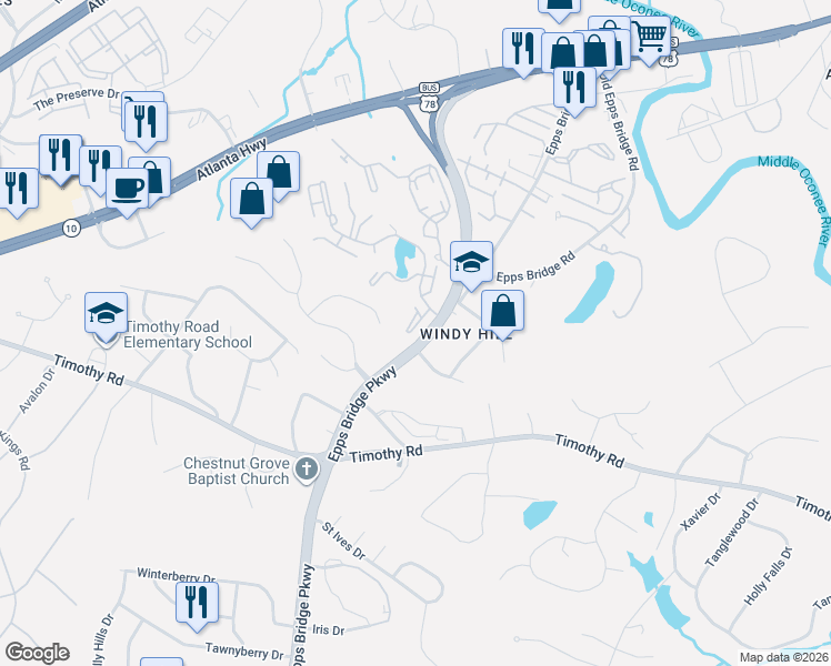 map of restaurants, bars, coffee shops, grocery stores, and more near 101 Wood Lake Drive in Athens