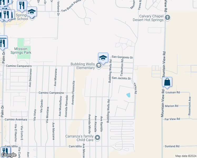 map of restaurants, bars, coffee shops, grocery stores, and more near Avenue Atezada in Desert Hot Springs