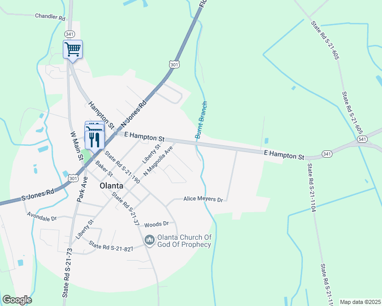 map of restaurants, bars, coffee shops, grocery stores, and more near 430 East Hampton Street in Olanta