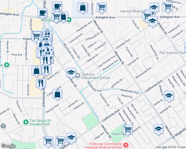 map of restaurants, bars, coffee shops, grocery stores, and more near 8941 Brunswick Ave in Riverside