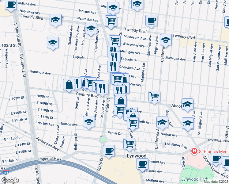 map of restaurants, bars, coffee shops, grocery stores, and more near 10616 State Street in South Gate