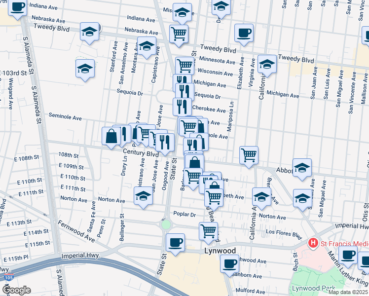 map of restaurants, bars, coffee shops, grocery stores, and more near 10616 State Street in South Gate
