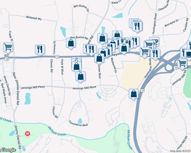 map of restaurants, bars, coffee shops, grocery stores, and more near 160 Mill Center Boulevard in Bogart