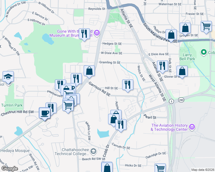 map of restaurants, bars, coffee shops, grocery stores, and more near 81 Hill Street Southeast in Marietta