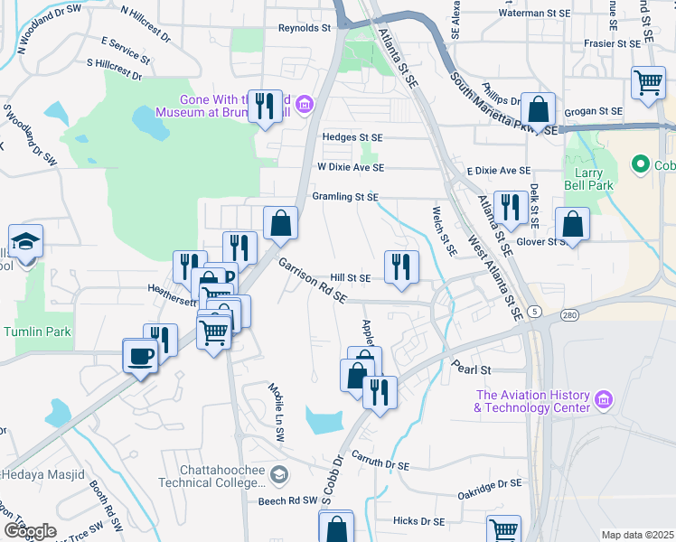 map of restaurants, bars, coffee shops, grocery stores, and more near 81 Hill Street Southeast in Marietta
