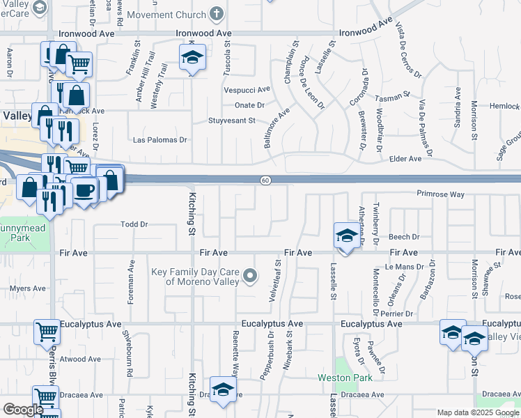 map of restaurants, bars, coffee shops, grocery stores, and more near 12560 Peachleaf Street in Moreno Valley