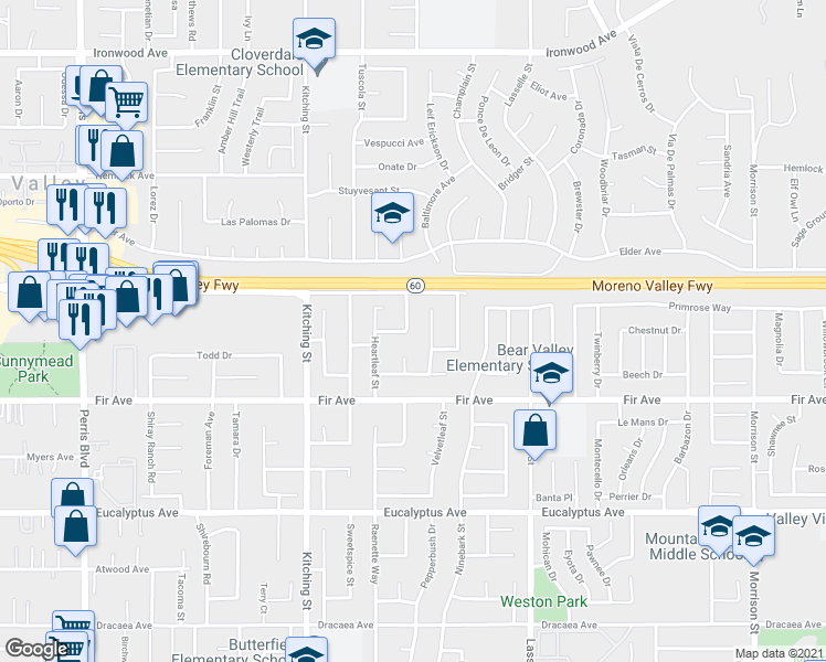 map of restaurants, bars, coffee shops, grocery stores, and more near 12560 Peachleaf Street in Moreno Valley